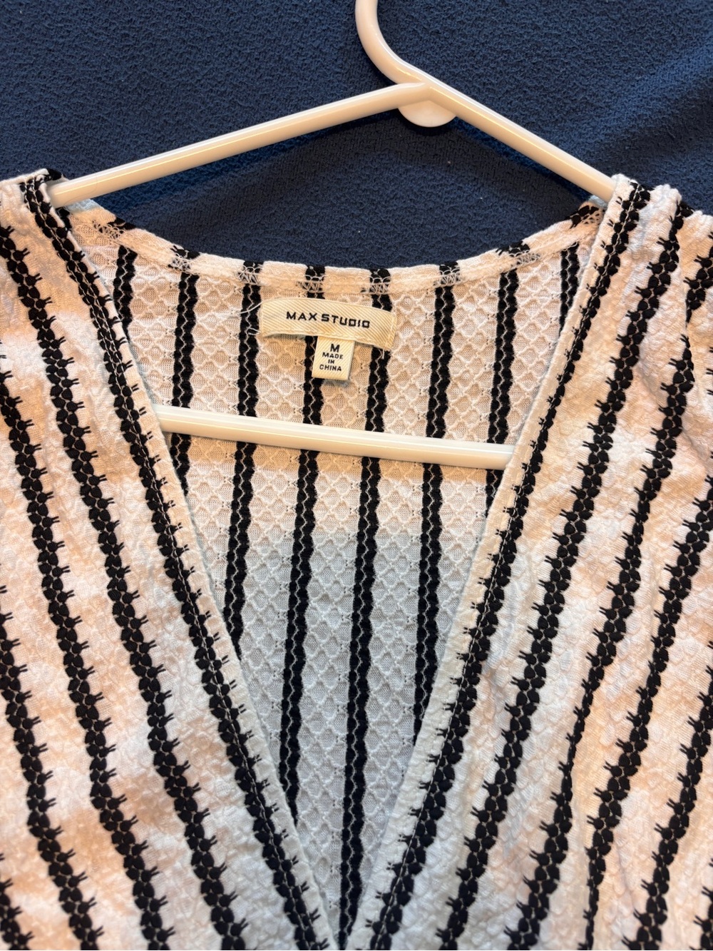 Max Studio Black and Cream Striped Textured V-Neck Top